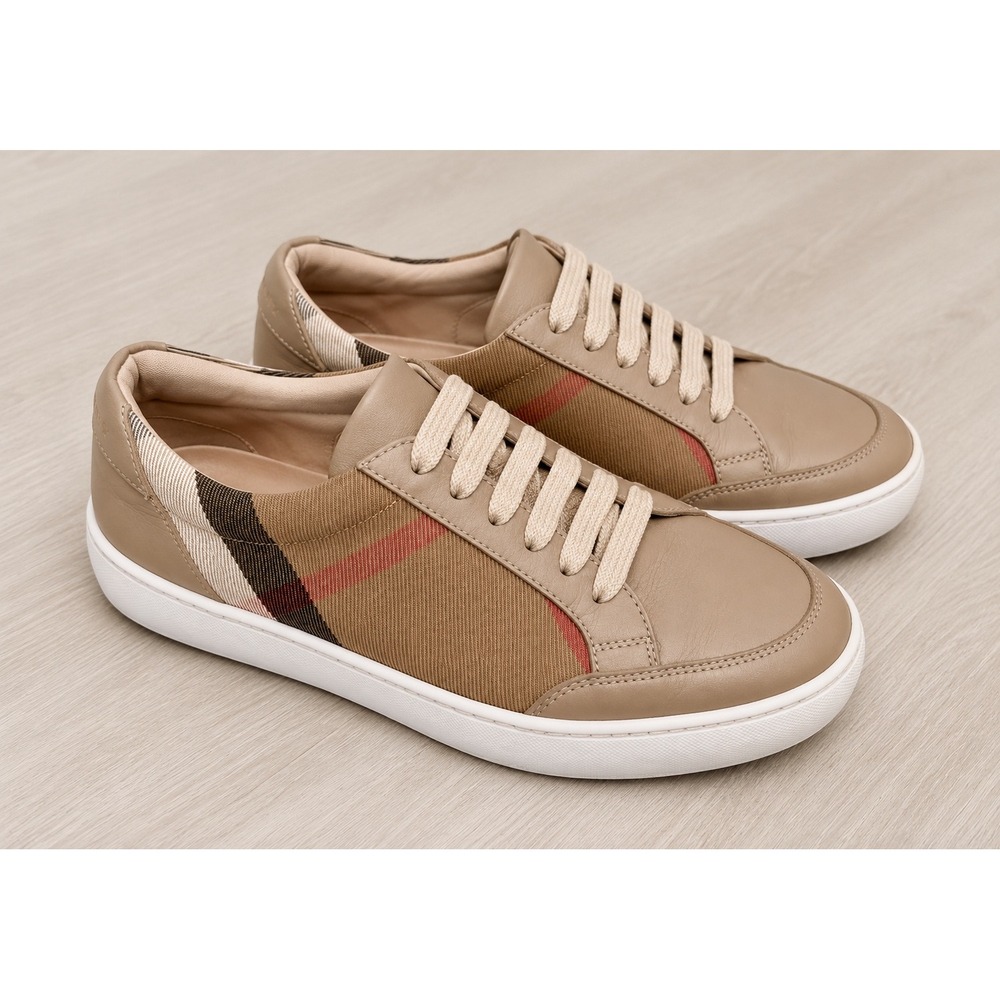 Burberry House Check‎ Sneakers Mens Tan Leather Good Low Top Made in Italy